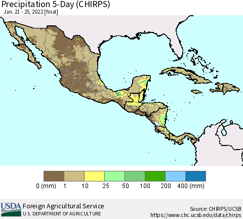 Mexico Central America and the Caribbean Precipitation 5-Day (CHIRPS) Thematic Map For 1/21/2022 - 1/25/2022