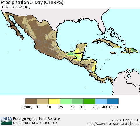 Mexico Central America and the Caribbean Precipitation 5-Day (CHIRPS) Thematic Map For 2/1/2022 - 2/5/2022