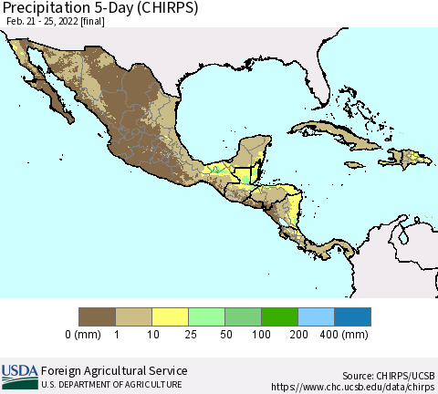Mexico Central America and the Caribbean Precipitation 5-Day (CHIRPS) Thematic Map For 2/21/2022 - 2/25/2022