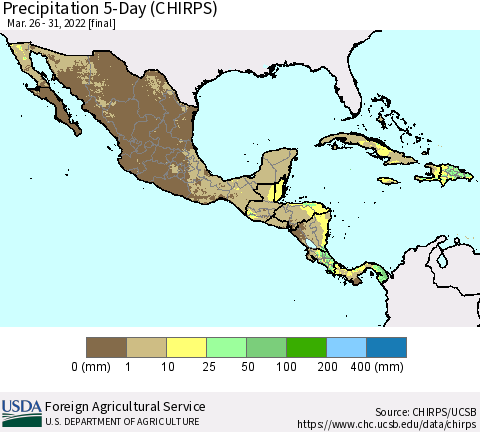 Mexico Central America and the Caribbean Precipitation 5-Day (CHIRPS) Thematic Map For 3/26/2022 - 3/31/2022