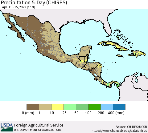 Mexico Central America and the Caribbean Precipitation 5-Day (CHIRPS) Thematic Map For 4/11/2022 - 4/15/2022