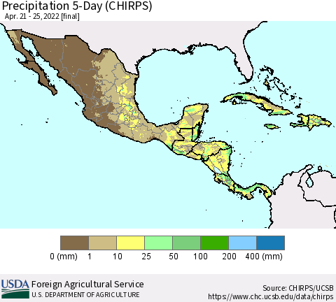 Mexico Central America and the Caribbean Precipitation 5-Day (CHIRPS) Thematic Map For 4/21/2022 - 4/25/2022