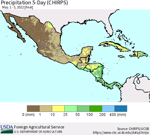 Mexico Central America and the Caribbean Precipitation 5-Day (CHIRPS) Thematic Map For 5/1/2022 - 5/5/2022