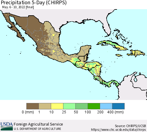 Mexico Central America and the Caribbean Precipitation 5-Day (CHIRPS) Thematic Map For 5/6/2022 - 5/10/2022