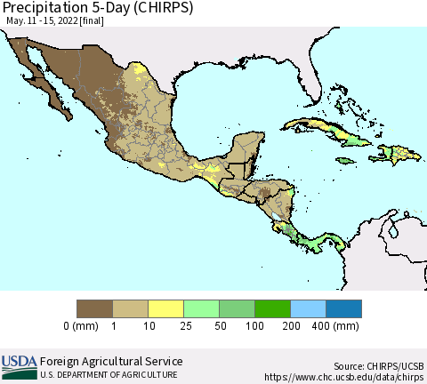 Mexico Central America and the Caribbean Precipitation 5-Day (CHIRPS) Thematic Map For 5/11/2022 - 5/15/2022
