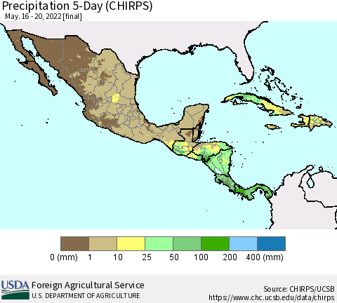 Mexico Central America and the Caribbean Precipitation 5-Day (CHIRPS) Thematic Map For 5/16/2022 - 5/20/2022