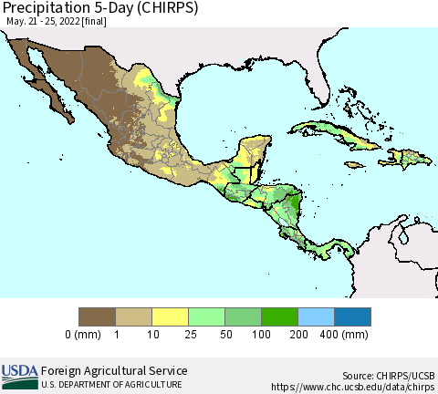 Mexico Central America and the Caribbean Precipitation 5-Day (CHIRPS) Thematic Map For 5/21/2022 - 5/25/2022