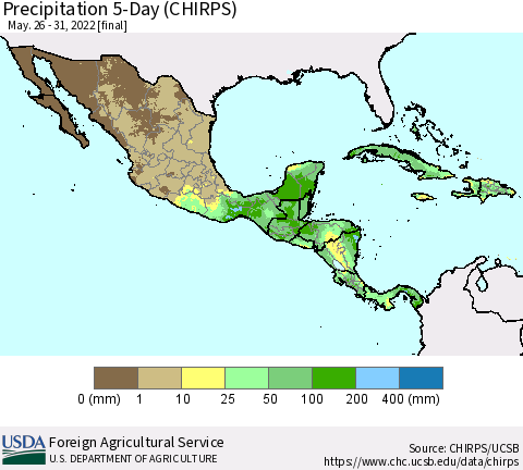 Mexico Central America and the Caribbean Precipitation 5-Day (CHIRPS) Thematic Map For 5/26/2022 - 5/31/2022
