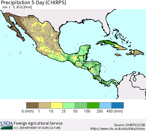 Mexico Central America and the Caribbean Precipitation 5-Day (CHIRPS) Thematic Map For 6/1/2022 - 6/5/2022