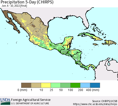 Mexico Central America and the Caribbean Precipitation 5-Day (CHIRPS) Thematic Map For 6/6/2022 - 6/10/2022