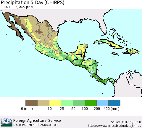 Mexico Central America and the Caribbean Precipitation 5-Day (CHIRPS) Thematic Map For 6/11/2022 - 6/15/2022