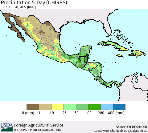 Mexico Central America and the Caribbean Precipitation 5-Day (CHIRPS) Thematic Map For 6/16/2022 - 6/20/2022