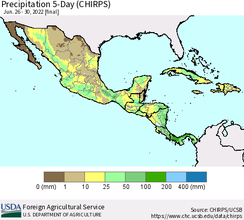 Mexico Central America and the Caribbean Precipitation 5-Day (CHIRPS) Thematic Map For 6/26/2022 - 6/30/2022