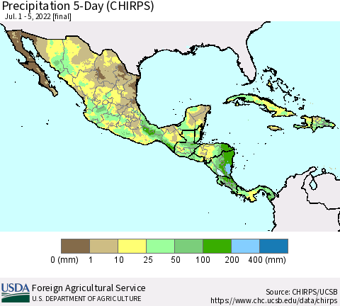 Mexico Central America and the Caribbean Precipitation 5-Day (CHIRPS) Thematic Map For 7/1/2022 - 7/5/2022