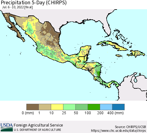 Mexico Central America and the Caribbean Precipitation 5-Day (CHIRPS) Thematic Map For 7/6/2022 - 7/10/2022