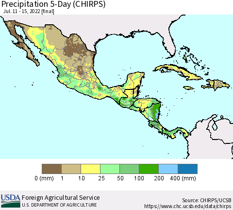 Mexico Central America and the Caribbean Precipitation 5-Day (CHIRPS) Thematic Map For 7/11/2022 - 7/15/2022