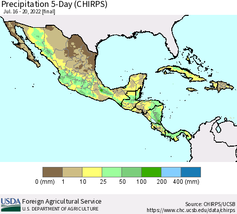 Mexico Central America and the Caribbean Precipitation 5-Day (CHIRPS) Thematic Map For 7/16/2022 - 7/20/2022