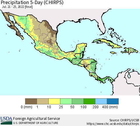 Mexico Central America and the Caribbean Precipitation 5-Day (CHIRPS) Thematic Map For 7/21/2022 - 7/25/2022