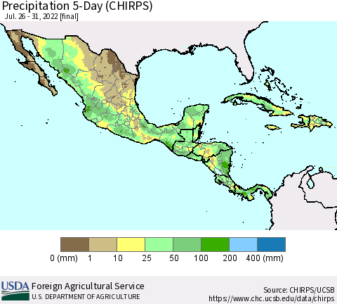 Mexico Central America and the Caribbean Precipitation 5-Day (CHIRPS) Thematic Map For 7/26/2022 - 7/31/2022