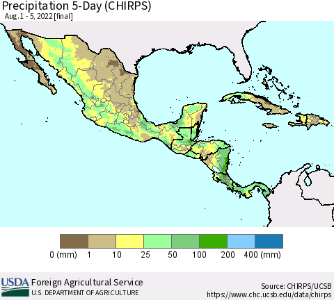 Mexico Central America and the Caribbean Precipitation 5-Day (CHIRPS) Thematic Map For 8/1/2022 - 8/5/2022