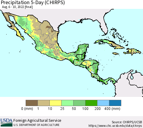 Mexico Central America and the Caribbean Precipitation 5-Day (CHIRPS) Thematic Map For 8/6/2022 - 8/10/2022