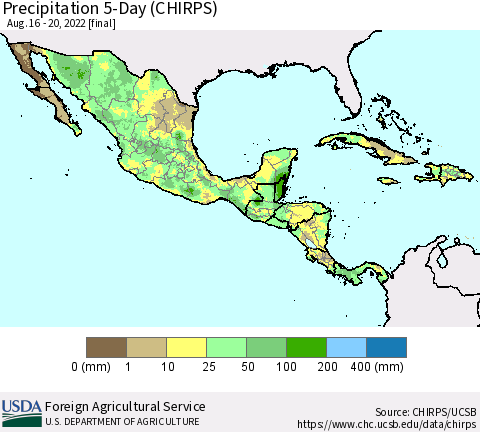 Mexico Central America and the Caribbean Precipitation 5-Day (CHIRPS) Thematic Map For 8/16/2022 - 8/20/2022