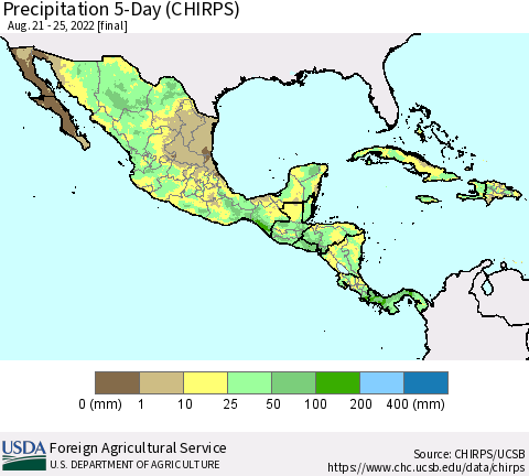 Mexico Central America and the Caribbean Precipitation 5-Day (CHIRPS) Thematic Map For 8/21/2022 - 8/25/2022