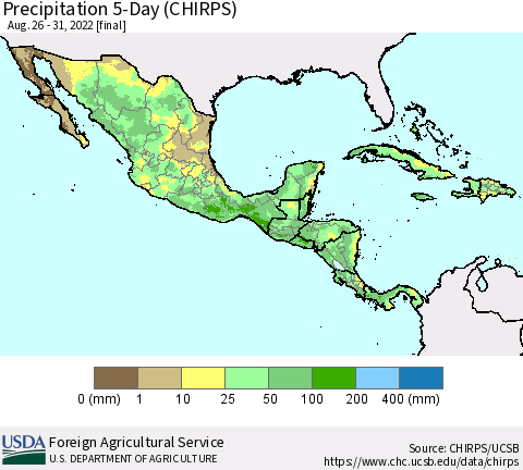 Mexico Central America and the Caribbean Precipitation 5-Day (CHIRPS) Thematic Map For 8/26/2022 - 8/31/2022