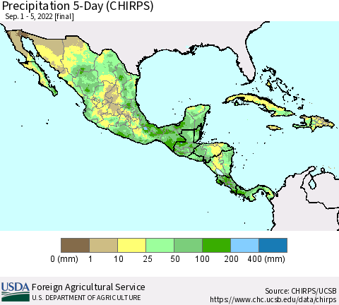Mexico Central America and the Caribbean Precipitation 5-Day (CHIRPS) Thematic Map For 9/1/2022 - 9/5/2022
