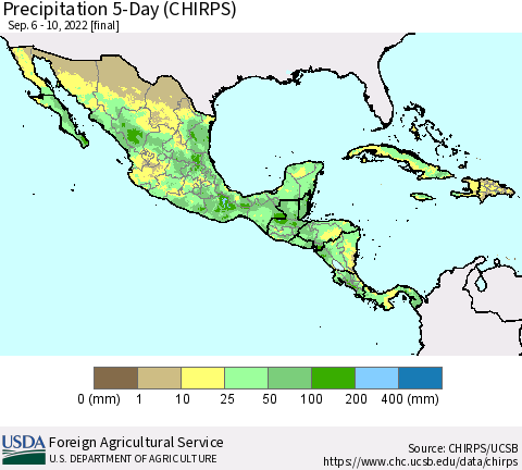 Mexico Central America and the Caribbean Precipitation 5-Day (CHIRPS) Thematic Map For 9/6/2022 - 9/10/2022