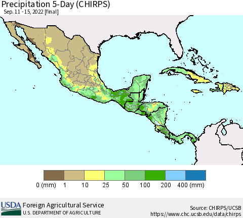 Mexico Central America and the Caribbean Precipitation 5-Day (CHIRPS) Thematic Map For 9/11/2022 - 9/15/2022