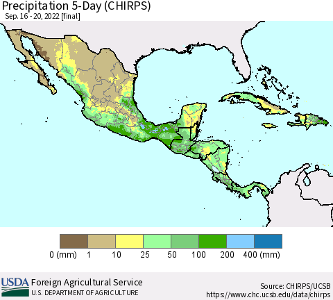 Mexico Central America and the Caribbean Precipitation 5-Day (CHIRPS) Thematic Map For 9/16/2022 - 9/20/2022