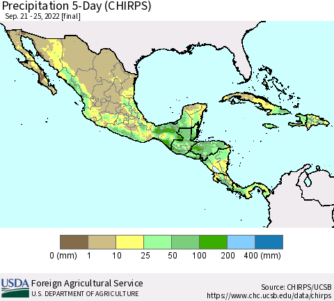 Mexico Central America and the Caribbean Precipitation 5-Day (CHIRPS) Thematic Map For 9/21/2022 - 9/25/2022