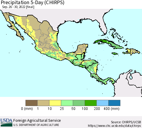 Mexico Central America and the Caribbean Precipitation 5-Day (CHIRPS) Thematic Map For 9/26/2022 - 9/30/2022
