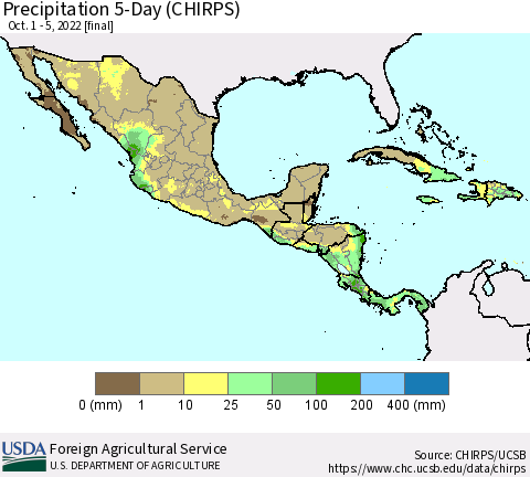 Mexico Central America and the Caribbean Precipitation 5-Day (CHIRPS) Thematic Map For 10/1/2022 - 10/5/2022