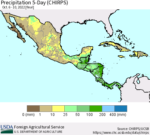 Mexico Central America and the Caribbean Precipitation 5-Day (CHIRPS) Thematic Map For 10/6/2022 - 10/10/2022