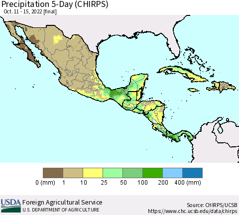 Mexico Central America and the Caribbean Precipitation 5-Day (CHIRPS) Thematic Map For 10/11/2022 - 10/15/2022