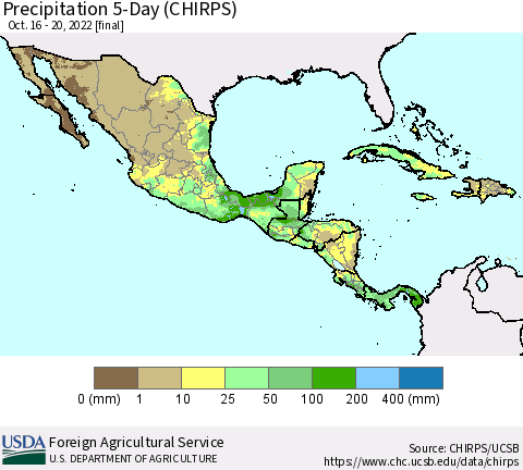 Mexico Central America and the Caribbean Precipitation 5-Day (CHIRPS) Thematic Map For 10/16/2022 - 10/20/2022