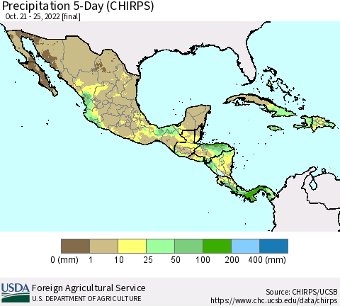Mexico Central America and the Caribbean Precipitation 5-Day (CHIRPS) Thematic Map For 10/21/2022 - 10/25/2022