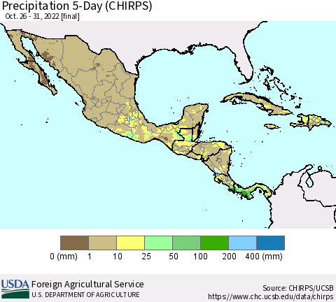 Mexico Central America and the Caribbean Precipitation 5-Day (CHIRPS) Thematic Map For 10/26/2022 - 10/31/2022
