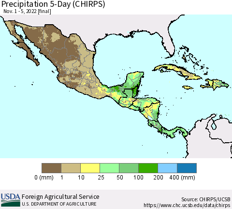 Mexico Central America and the Caribbean Precipitation 5-Day (CHIRPS) Thematic Map For 11/1/2022 - 11/5/2022