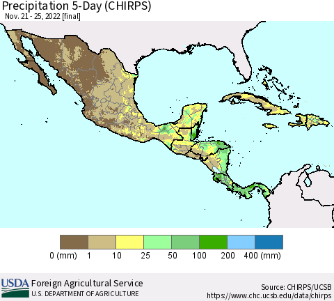 Mexico Central America and the Caribbean Precipitation 5-Day (CHIRPS) Thematic Map For 11/21/2022 - 11/25/2022