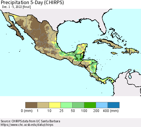 Mexico Central America and the Caribbean Precipitation 5-Day (CHIRPS) Thematic Map For 12/1/2022 - 12/5/2022