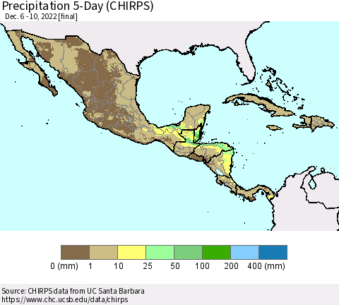 Mexico Central America and the Caribbean Precipitation 5-Day (CHIRPS) Thematic Map For 12/6/2022 - 12/10/2022
