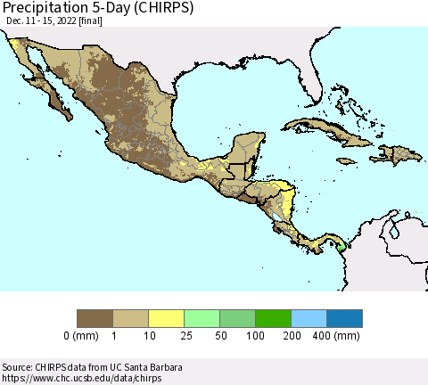 Mexico Central America and the Caribbean Precipitation 5-Day (CHIRPS) Thematic Map For 12/11/2022 - 12/15/2022