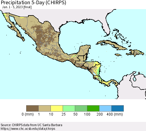Mexico Central America and the Caribbean Precipitation 5-Day (CHIRPS) Thematic Map For 1/1/2023 - 1/5/2023