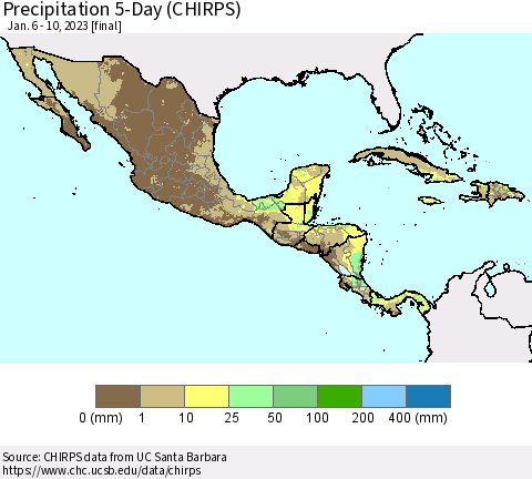 Mexico Central America and the Caribbean Precipitation 5-Day (CHIRPS) Thematic Map For 1/6/2023 - 1/10/2023