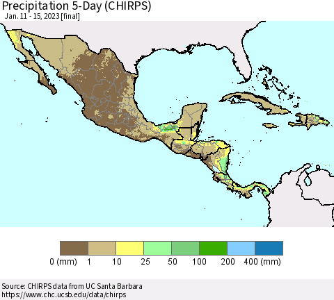Mexico Central America and the Caribbean Precipitation 5-Day (CHIRPS) Thematic Map For 1/11/2023 - 1/15/2023