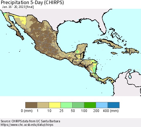 Mexico Central America and the Caribbean Precipitation 5-Day (CHIRPS) Thematic Map For 1/16/2023 - 1/20/2023