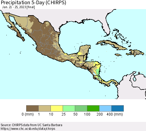 Mexico Central America and the Caribbean Precipitation 5-Day (CHIRPS) Thematic Map For 1/21/2023 - 1/25/2023
